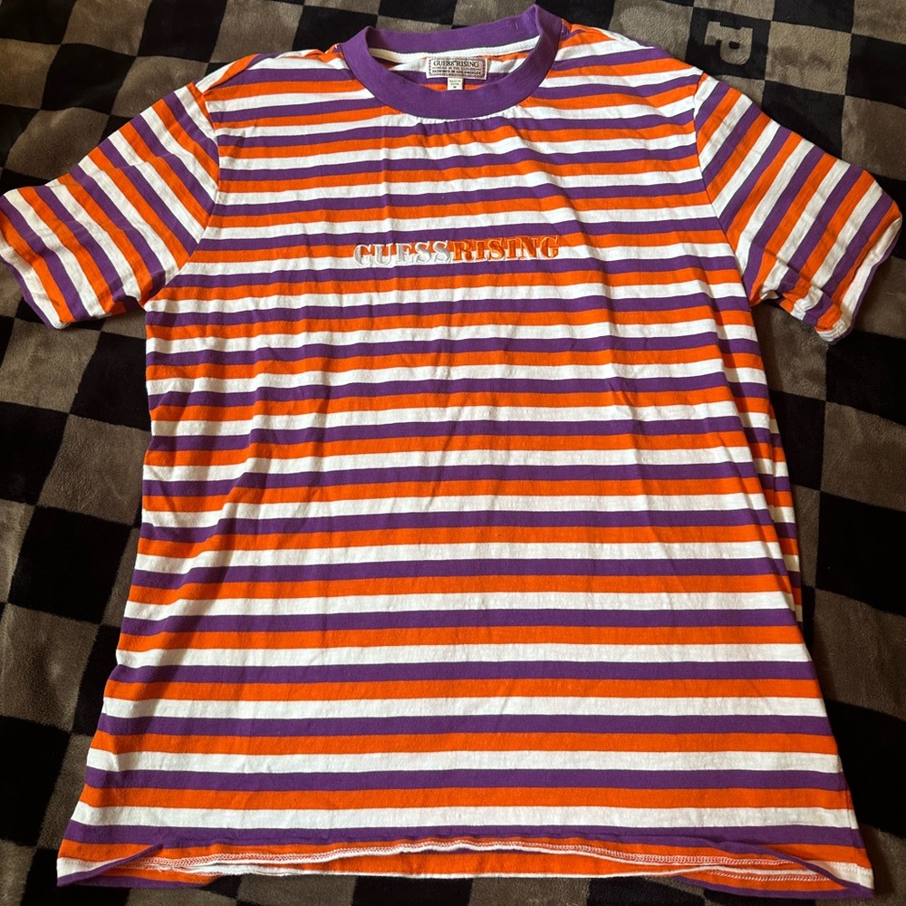 Guess 88 rising head in the clouds orange purple and white striped men’s T shirt